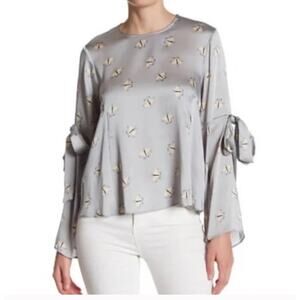 Topshop butterfly moth printed bow sleeve silky gray blouse sz 10